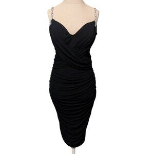 Nicole Bakti Dress Diamond Rhinestone Strap Goth Ruched Elvira Cocktail Bodycon